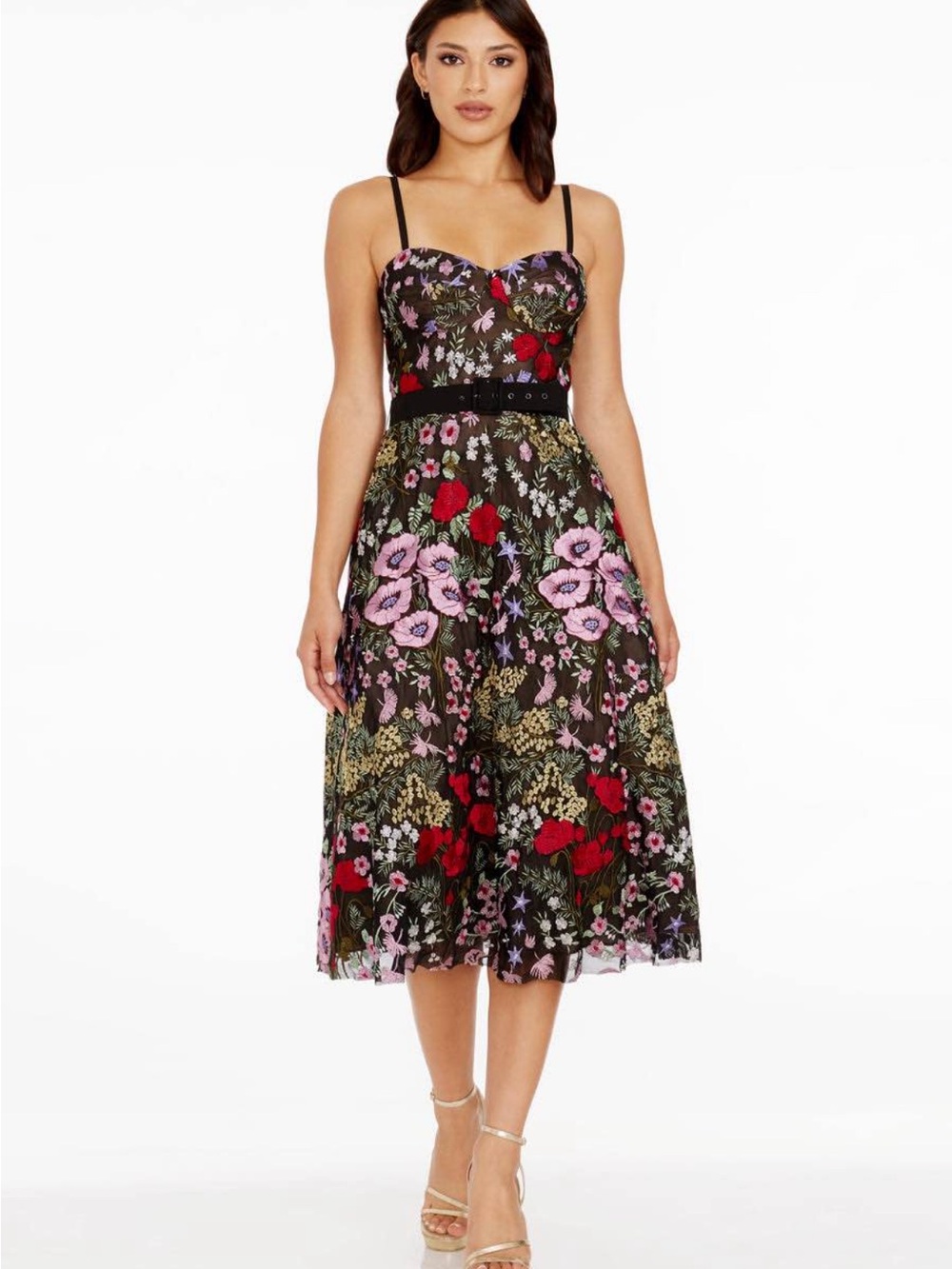 Anthropology floral Embroidered Black Midi Dress with Pink & Red Blooms